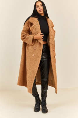 Camel Oversize Kruvaze Yaka Teddy Peluş Kaban 3KXK4-46822-53 - 6