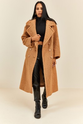 Camel Oversize Kruvaze Yaka Teddy Peluş Kaban 3KXK4-46822-53 - 7