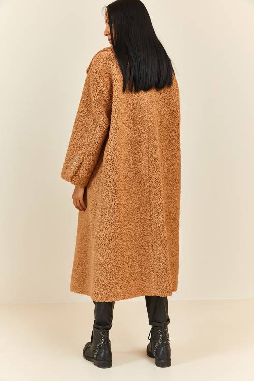 Camel Oversize Kruvaze Yaka Teddy Peluş Kaban 3KXK4-46822-53 - 8