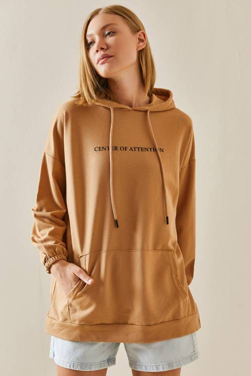 Camel Rengi Kanguru Cepli Kapüşonlü Sweatshirt 3YXK8-47460-53 - 1