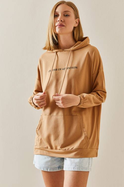 Camel Rengi Kanguru Cepli Kapüşonlü Sweatshirt 3YXK8-47460-53 - 2