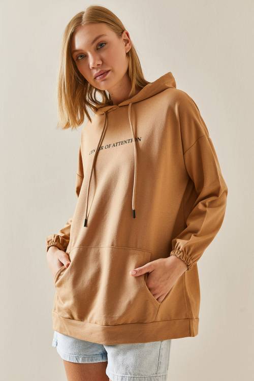 Camel Rengi Kanguru Cepli Kapüşonlü Sweatshirt 3YXK8-47460-53 - 4