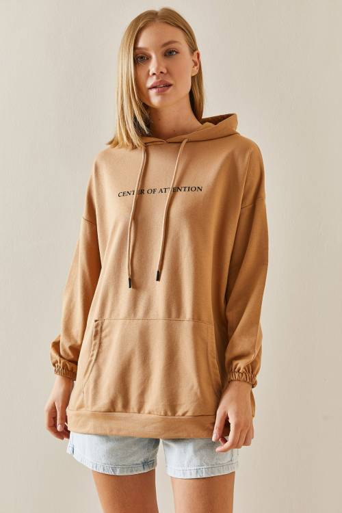 Camel Rengi Kanguru Cepli Kapüşonlü Sweatshirt 3YXK8-47460-53 - 5