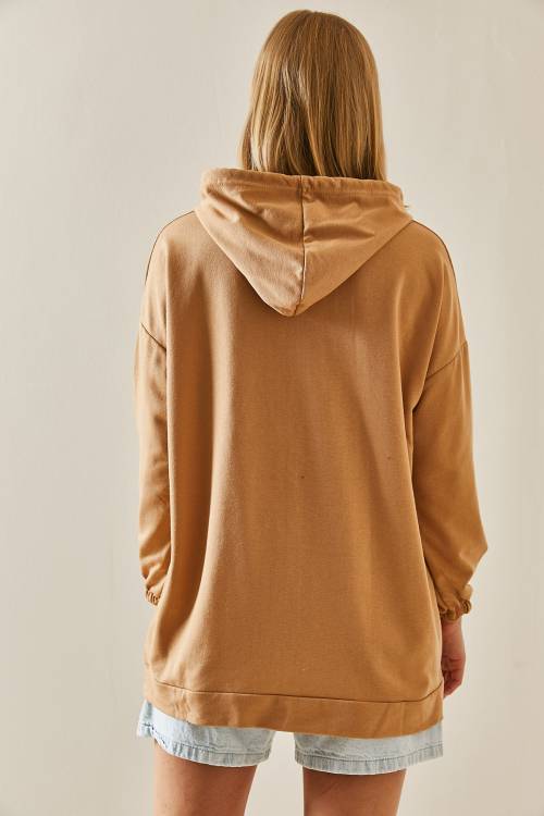 Camel Rengi Kanguru Cepli Kapüşonlü Sweatshirt 3YXK8-47460-53 - 6