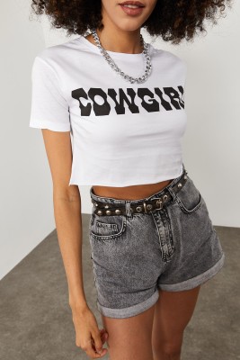Beyaz Cow Girl Baskılı Crop Tişört 2KXK1-45698-01 - 4