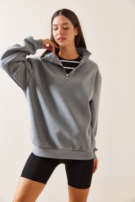 Füme Dik Yaka Fermuarlı Sweatshirt 5YXK8-48915-33 - 4