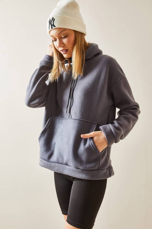 Füme Kanguru Cepli & Kapüşonlu Polar Sweatshirt 4KXK8-47857-33 - 5