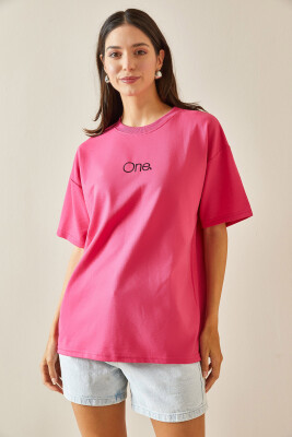 Fuşya Bisiklet Yaka Yazılı Oversize Tshirt 5YXK1-48703-07 - 3