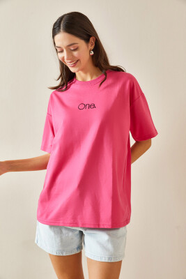 Fuşya Bisiklet Yaka Yazılı Oversize Tshirt 5YXK1-48703-07 - 4