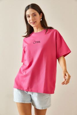 Fuşya Bisiklet Yaka Yazılı Oversize Tshirt 5YXK1-48703-07 - 5