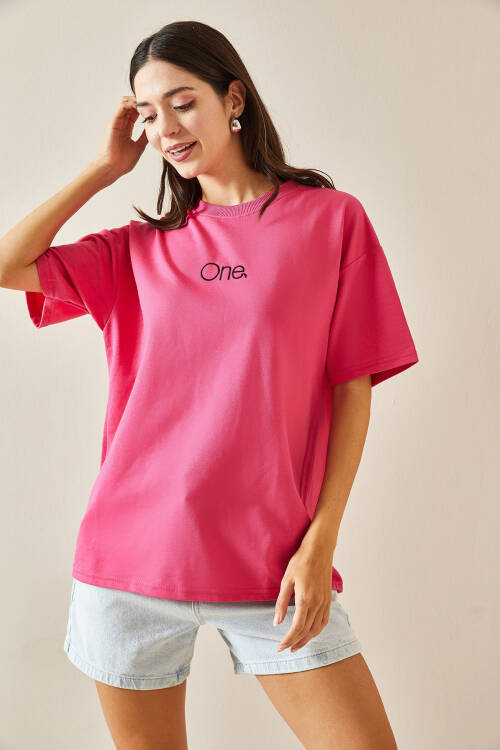 Fuşya Bisiklet Yaka Yazılı Oversize Tshirt 5YXK1-48703-07 - 6