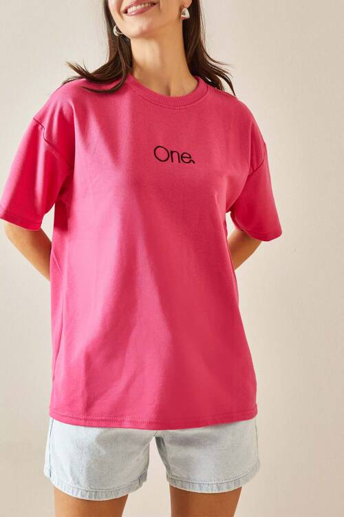 Fuşya Bisiklet Yaka Yazılı Oversize Tshirt 5YXK1-48703-07 - 1