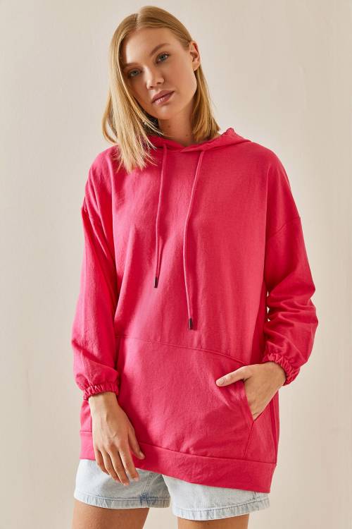 Fuşya Kanguru Cepli Oversize Kapüşonlü Sweatshirt 3YXK8-47461-07 - 2