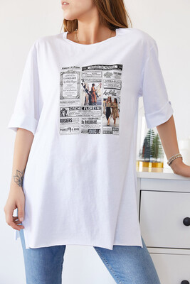 Beyaz Gazete Baskılı Boyfriend Yırtmaçlı Tişört 9KXK1-43319-01 - 2