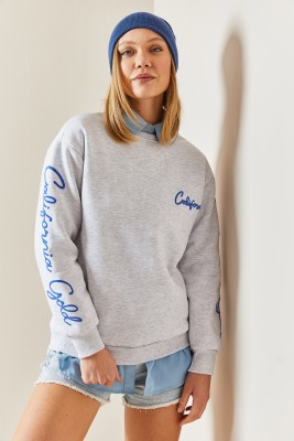 Gri Bisiklet Yaka Kolları Detaylı Sweatshirt 4KXK8-47751-03 - 2