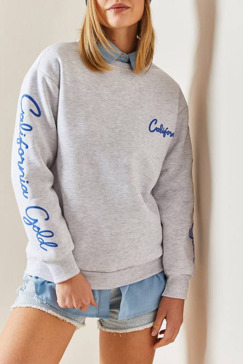 Gri Bisiklet Yaka Kolları Detaylı Sweatshirt 4KXK8-47751-03 - 1