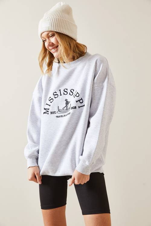 Gri Bisiklet Yaka & Şardonlu Oversize Sweatshirt 4KXK8-47711-03 - 3