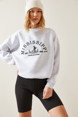 Gri Bisiklet Yaka & Şardonlu Oversize Sweatshirt 4KXK8-47711-03 - 6