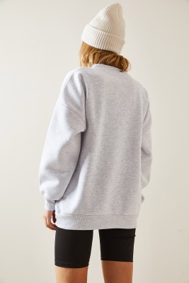 Gri Bisiklet Yaka & Şardonlu Oversize Sweatshirt 4KXK8-47711-03 - 7