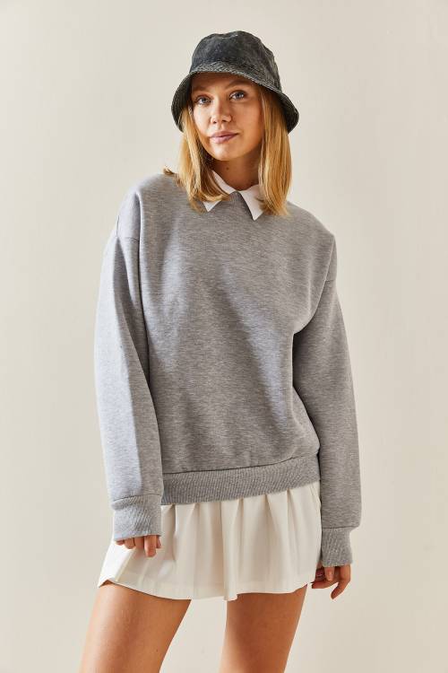 Gri Bisiklet Yaka Şardonlu Oversize Sweatshirt 4KXK8-47743-03 - 5