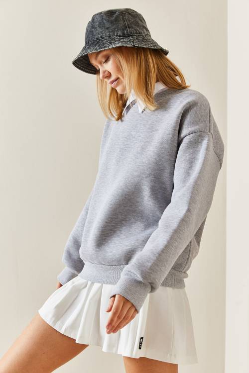 Gri Bisiklet Yaka Şardonlu Oversize Sweatshirt 4KXK8-47743-03 - 6