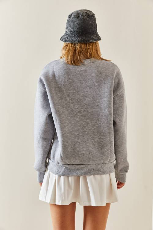 Gri Bisiklet Yaka Şardonlu Oversize Sweatshirt 4KXK8-47743-03 - 7