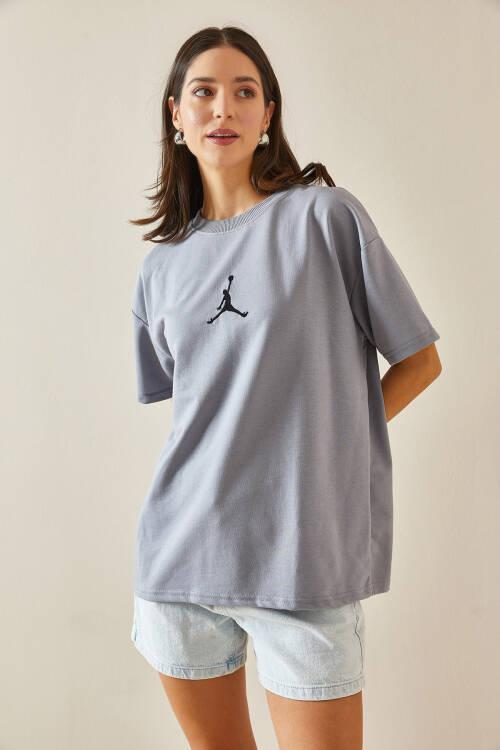 Gri Bisiklet Yaka Yazılı Oversize Tshirt 5YXK1-48702-03 - 3