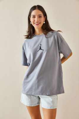 Gri Bisiklet Yaka Yazılı Oversize Tshirt 5YXK1-48702-03 - 4