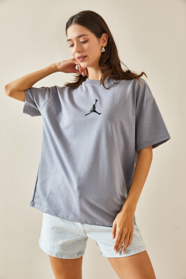 Gri Bisiklet Yaka Yazılı Oversize Tshirt 5YXK1-48702-03 - 6