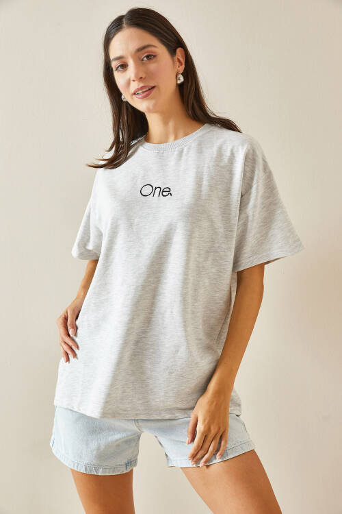 Gri Bisiklet Yaka Yazılı Oversize Tshirt 5YXK1-48703-03 - 6