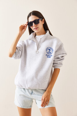 Gri Dik Yaka Baskılı Sweatshirt 5YXK8-48912-03 - 3