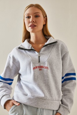 Gri Fermuar Detaylı Baskılı Sweatshirt 4KXK8-47608-03 - 2