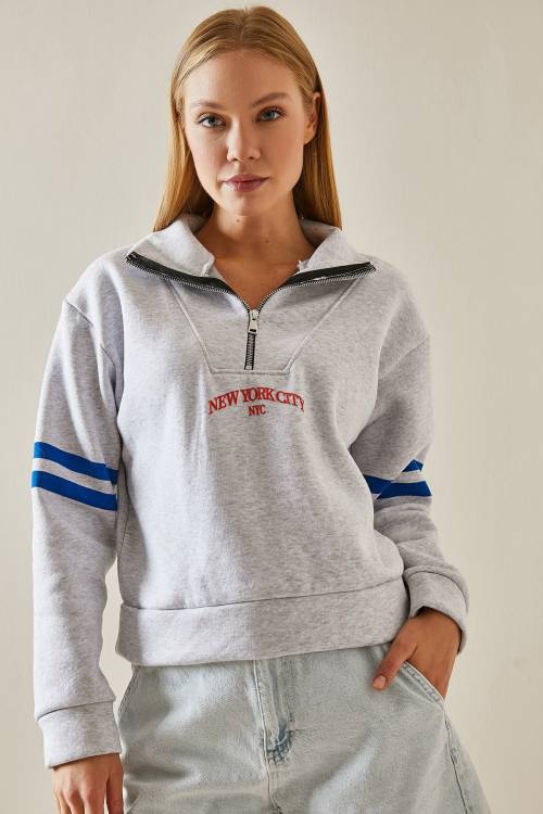 Gri Fermuar Detaylı Baskılı Sweatshirt 4KXK8-47608-03 - 3