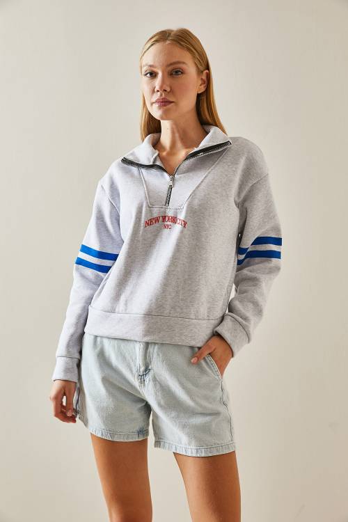 Gri Fermuar Detaylı Baskılı Sweatshirt 4KXK8-47608-03 - 4