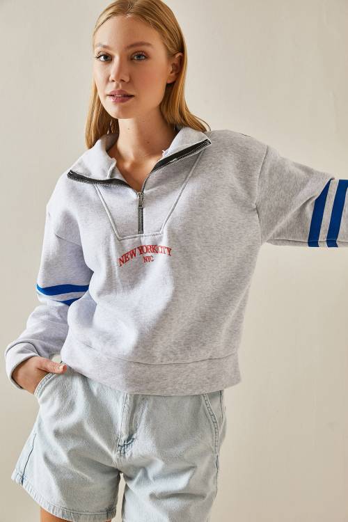 Gri Fermuar Detaylı Baskılı Sweatshirt 4KXK8-47608-03 - 5