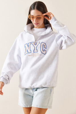 Gri Fermuarlı Dik Yaka Sweatshirt 5YXK8-48908-03 - 2