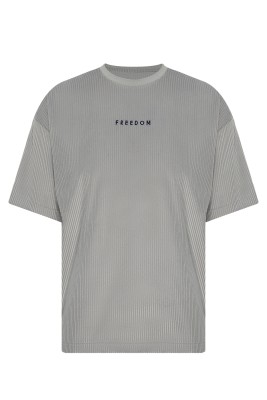 Gri Freedom Nakışlı Fitilli Oversize Tişört 2YXE2-45986-03 