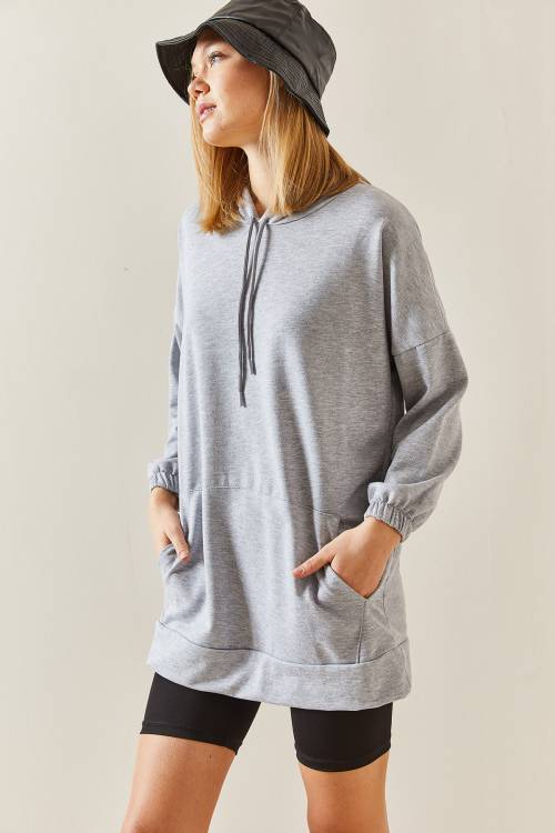 Gri Kanguru Cepli Oversize Kapüşonlü Sweatshirt 3YXK8-47461-03 - 4