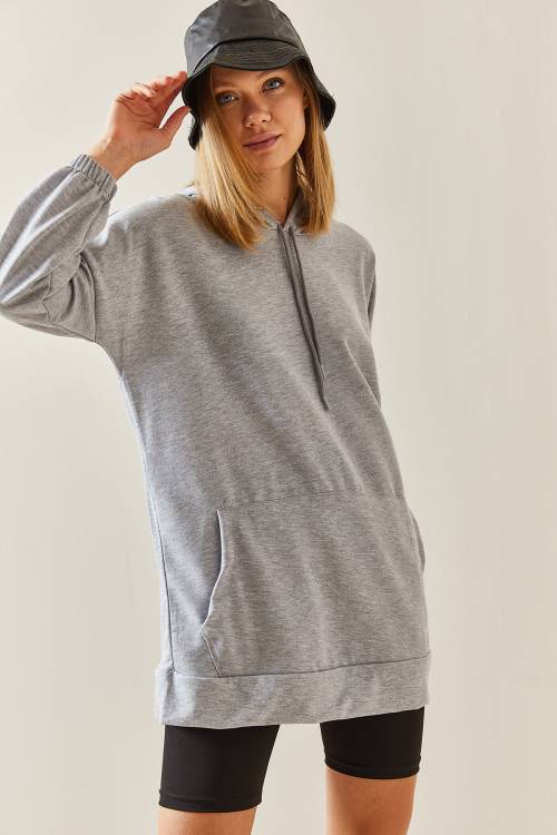 Gri Kanguru Cepli Oversize Kapüşonlü Sweatshirt 3YXK8-47461-03 - 5