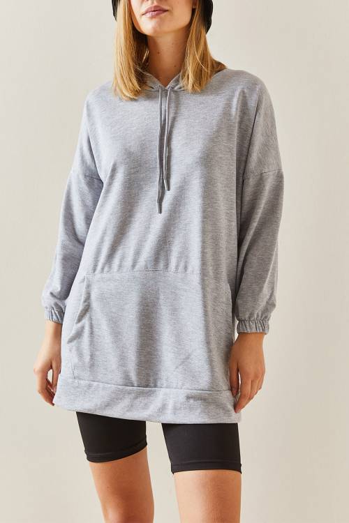 Gri Kanguru Cepli Oversize Kapüşonlü Sweatshirt 3YXK8-47461-03 - 1