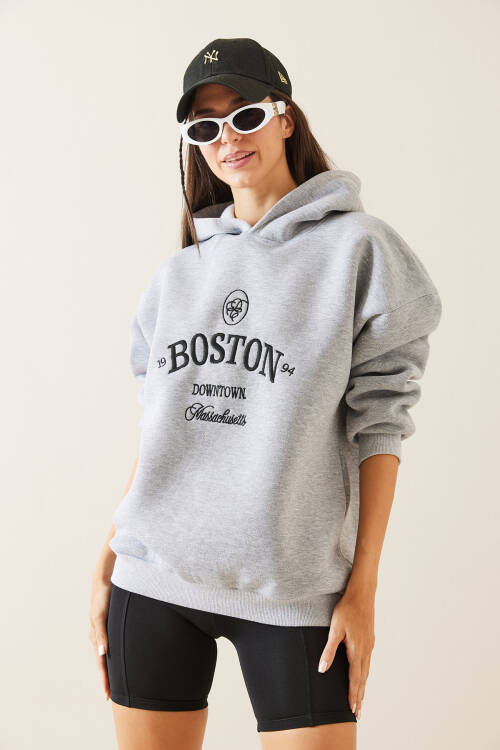 Gri Kapüşonlu Nakışlı Sweatshirt 5KXK8-48984-03 - 3