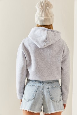 Gri Kapüşonlü & Yazılı Crop Sweatshirt 4KXK8-47744-03 - 8