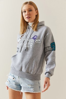 Gri Melanj Şardonlu & Arkası Baskılı Kapüşonlü Sweatshirt 4KXK8-47835-32 - 4