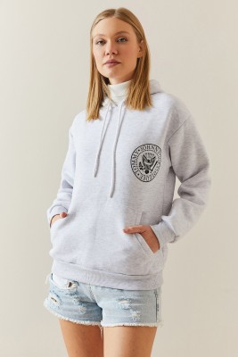 Gri Melanj Şardonlu & Arkası Baskılı Kapüşonlü Sweatshirt 4KXK8-47836-32 - 7