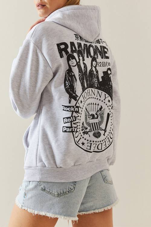 Gri Melanj Şardonlu & Arkası Baskılı Kapüşonlü Sweatshirt 4KXK8-47836-32 - 1