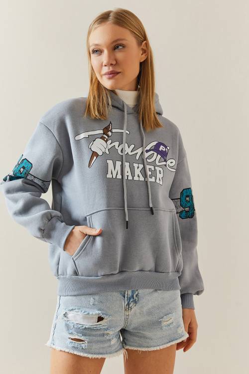 Gri Şardonlu & Arkası Baskılı Kapüşonlü Sweatshirt 4KXK8-47835-03 - 3