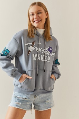 Gri Şardonlu & Arkası Baskılı Kapüşonlü Sweatshirt 4KXK8-47835-03 - 4