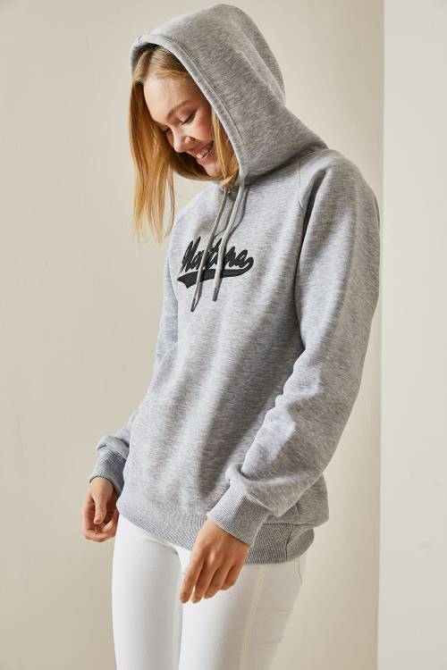 Gri Yazı Detaylı Şardonlu Kapüşonlü Sweatshirt 4KXK8-47594-03 - 7