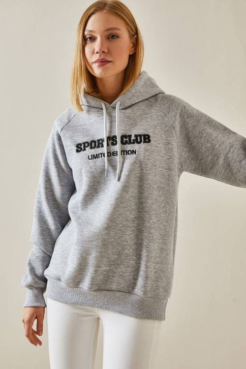 Gri Yazı Detaylı Şardonlu Kapüşonlü Sweatshirt 4KXK8-47596-03 - 2