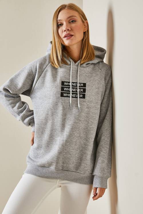 Gri Yazı Detaylı Şardonlu Kapüşonlü Sweatshirt 4KXK8-47597-03 - 2